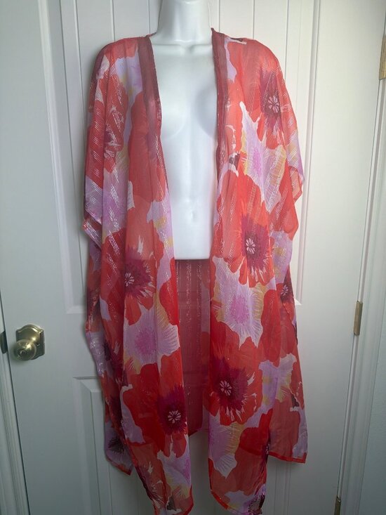 Nine West Tops - Nine West Sheer Floral Open-Front Kimono One Size Red/Purple Multicolor, NWT